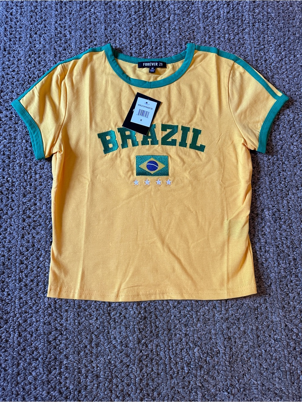 Forever 21 Yellow Crop Top with Green Trim & Embroidered Brazil Graphic
